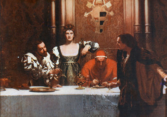 Painting by John Collier, "A glass of wine with Caesar Borgia", from left: Cesare Borgia, Lucrezia, Pope Alexander, and a young man holding an empty glass.