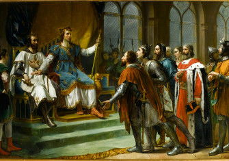 Louis IX passes judgement in favour of Henry III at Amiens, January 1265, an idealised representation by Georges Rouget, 1920.