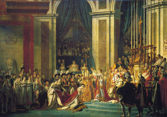 Joséphine kneels before Napoléon during his coronation at Notre Dame. Behind him sits pope Pius VII.