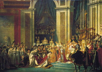 Joséphine kneels before Napoléon during his coronation at Notre Dame. Behind him sits pope Pius VII.