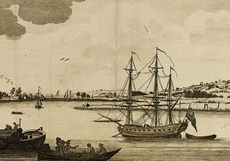 View of the Thames with an executed pirate hanging from the gibbets in the background. Copper-plate engraving from London Magazine, 1782 (detail).