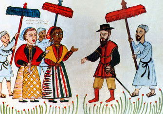 A Portuguese merchant is greeted by his Indian household, early 16th century.