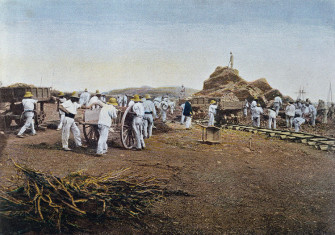 Prisoners at work at the Noumea Penal Colony, New Caledonia, engraved by Gillot, c.1900.