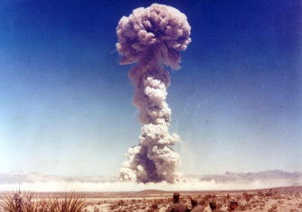 Military personnel observing one of the tests in the Buster-Jangle Series in the autumn of 1951. Photo courtesy of National Nuclear Security Administration / Nevada Site Office