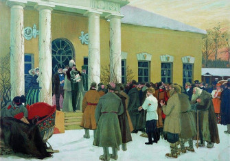 A 1907 painting by Boris Kustodiev depicting the muzhiks listening to the proclamation of the Emancipation Manifesto in 1861