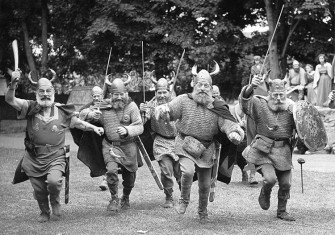 Members of the Danish Viking Olayers of Fredrikssund rehearse for a pageant marking the 75th anniversary of the Borough of Ramsgate, Kent