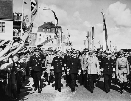 Adolf Hitler, accompanied by Admiral Horthy, the regent of Hungary, welcomed by crowds, Heligoland, August 1938.