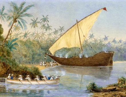 HMS London chasing a slaving dhow near Zanzibar. Watercolour by Rev Robert O’Donelan Ross-Lewin, 1876-77. (National Maritime Museum, Greenwich)