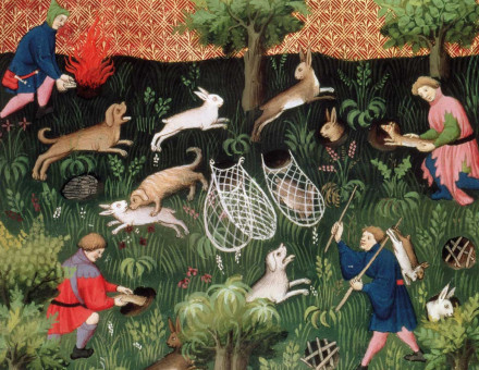 Savage: hunting hares, from the Livre de la Chasse by Gaston Phebus de Foix, late 15th century.