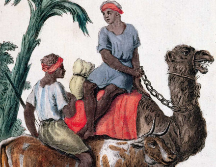 Gum merchants, Senegal River Valley region, coloured engraving, 1796.