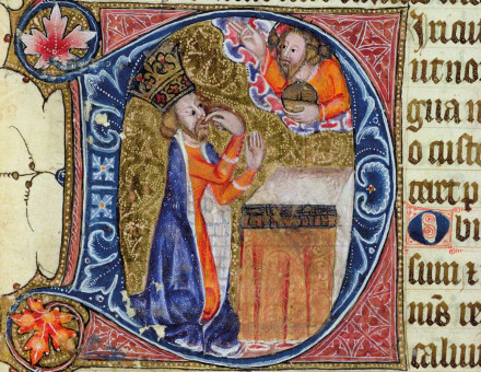 King David in an illustration for Psalm 38, from the Ramsey Abbey Psalter, c.1380. 