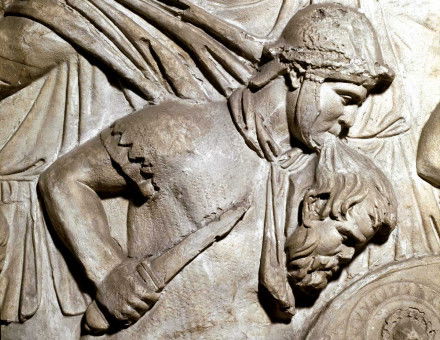 Roman warrior holding the head of an enemy between his teeth, cast from Trajan’s Column, 1862. 