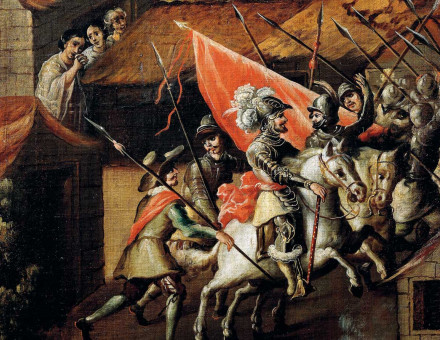 Hernán Cortés and his troops during the Noche Triste, Mexican, 17th century.