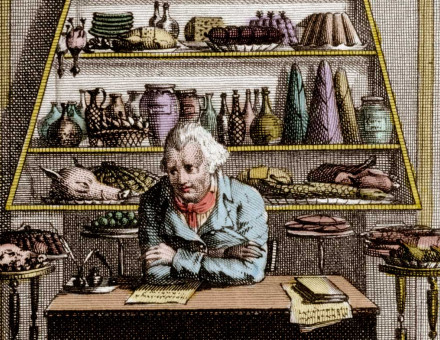 ‘Meditations of a Gourmand’. Coloured engraving from Almanach des Gourmands, 19th century.