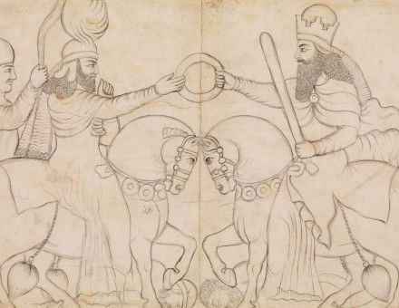 Drawing of Sasanian rock relief: Ardashir I (r. A.D. 224-241) and the Zoroastrian divinity Ahura Mazda at Naqsh-i Rustam, southern Iran A.D. 1860 (drawing)