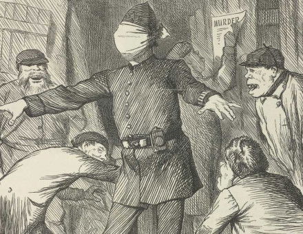 The view that the police were handicapped in dealing with criminals. ‘Blind man’s buff’ (as played by the police), Punch, 1888.