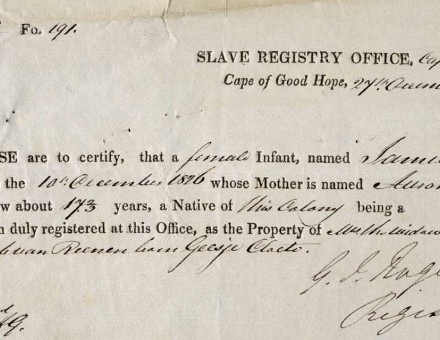 A slave registration certificate for  a female infant, Jamiela, Cape Town,  27 December 1826.