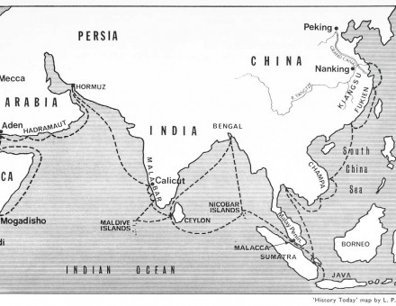 Cheng Ho’s voyages  in the Indian Ocean. History Today map by  L. P. Thomas.