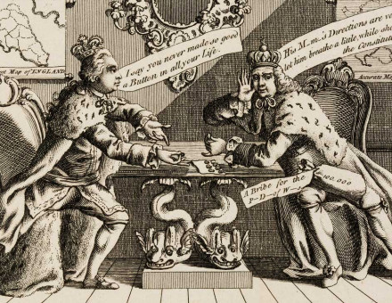 George III and Charles III of Spain ‘negotiate’ over the Falkland Islands. English engraving, 1770.