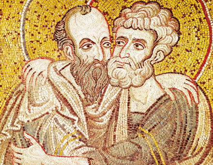 Peter and Paul embracing, Byzantine mosaic, 12th century. 