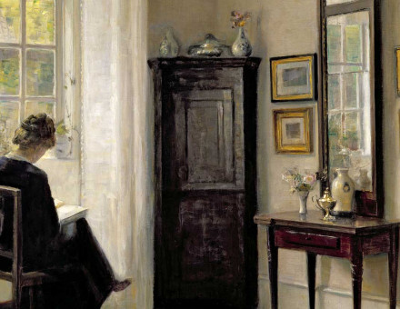 Interior with Woman Reading, by Carl Holsøe, Danish, early 20th century.