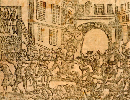 Royal troops fight Venner’s rebels. Woodcut, 17th century © British Museum Images.