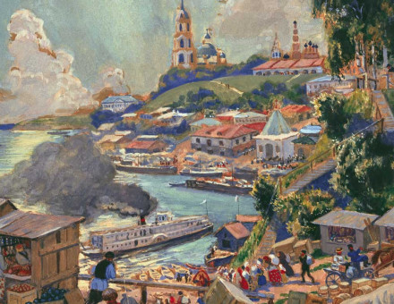 A Port on the Volga,  by Boris Mikhaylovich Kustodiev, 1920.