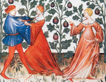 Man attacking a woman in a field of aubergines, Tacuinum Sanitatis, 14th century © Bridgeman Images. 