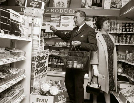 James and Audrey Callaghan shopping in an experimental decimal coinage supermarket,  12 May 1967.