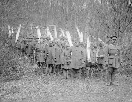 Men of an Indian Labour Corps company working at a forestry camp in the Foret de Lyons, 23 January 1918.