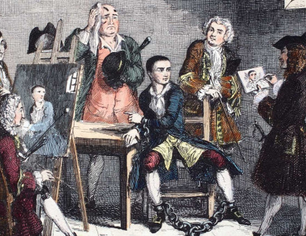 Jack Sheppard sits for Hogarth (right) and Thornhill (left), while talking to James Figg. Engraving by George Cruikshank, 1839.