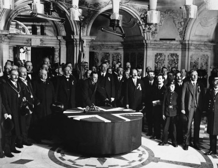 Members of the Ulster Unionist party sign a covenant on ‘Ulster Day’ as part of  their campaign to halt the passage of the Third Home Rule Bill, 28 September 1912.
