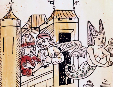 Melusine flying away. Wood engraving, by Bernhard Richel, c.1490. 