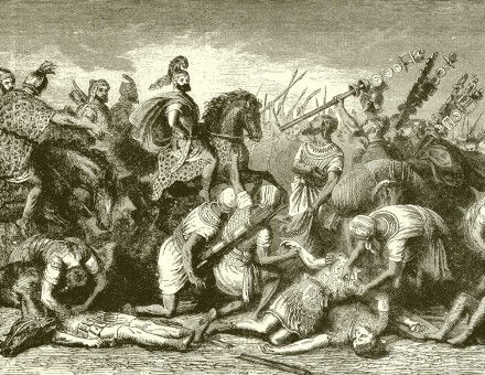  Hannibal’s troops take trophies from their dead Roman foes after the Battle of Cannae. English illustration, 19th century © Bridgeman Images.