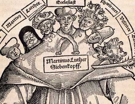 Detail from the title page of The Seven Heads of Martin Luther, by Johannes Cochlaeus. Engraving by Hans Brosamer, 1529.