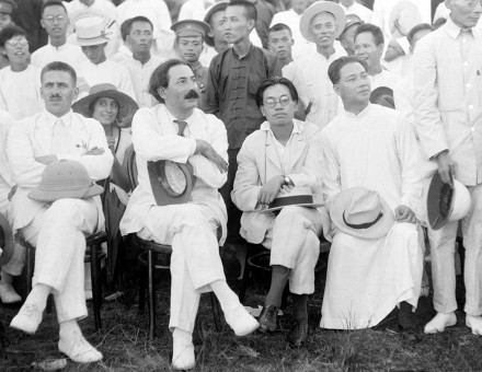 Wang Jingwei, Zhang Tailei and Mikhail Borodin, c.1925. Collection of C. H. Foo and Y. W. Foo. Historical Photographs of China, University of Bristol. Wang Jingwei, wearing a white changpao, seated second from the right. Borodin is second from the left. Zhang Tailei sits between them, and was Borodin's interpreter in this period. 