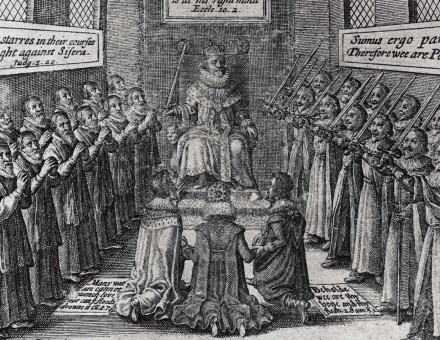 James I seated in the House of Lords, with Prince Charles, Elizabeth,  Queen of Bohemia and the Duke of Buckingham, from Vox Regis by Thomas Scott, c.1624.