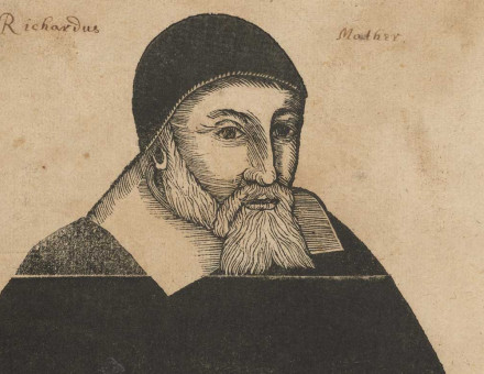 Illustration of Richard Mather (1596-1669) by John Foster, circa 1675, used as an added frontispiece to a reissue of The life and death of that reverend man of God, Mr. Richard Mather, teacher of the church in Dorchester in New-England, 1670, by Increase Mather. *AC6.Ad198.Zz683t no.5, Houghton Library, Harvard University.