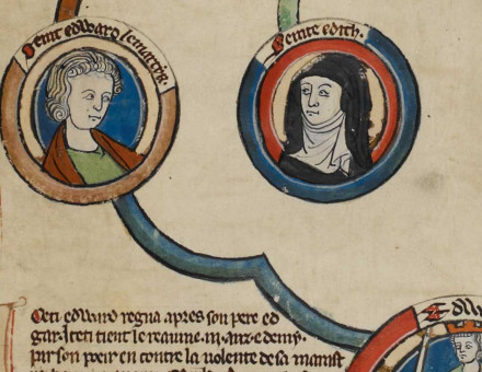 St Edith  in a genealogical roll of the kings of England, c.1300-40 (detail).
