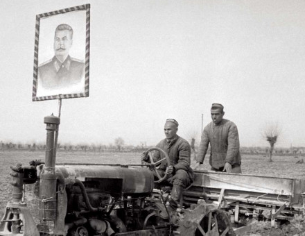 Tractor with Stalin’s portrait, Uzbekistan, c.1940.
