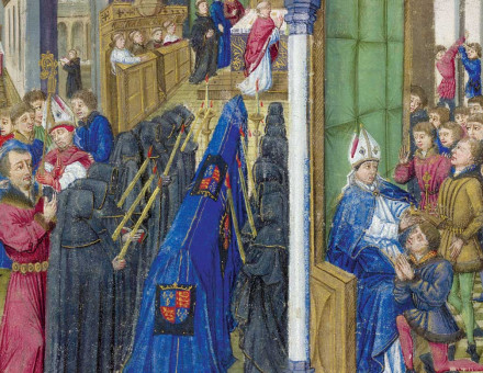 William II, ‘Rufus’, kneeling  before Archbishop Lanfranc,  from the Chronique de Normandie,  French, 15th century.