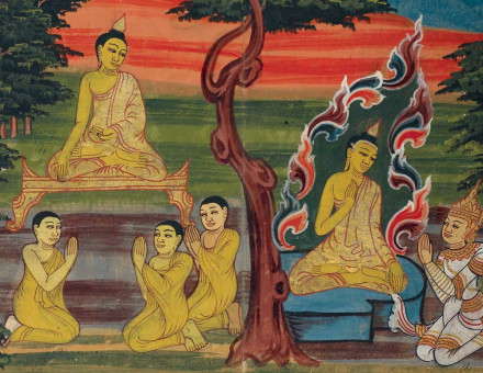 Mara, the spirit of evil, tells the Buddha it is time to die and Ananda asks the Buddha three times to remain on earth, from The Life of the Buddha, Burmese, c.1800-20.