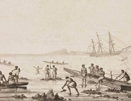 Tongan men with canoes, French 19th-century engraving.