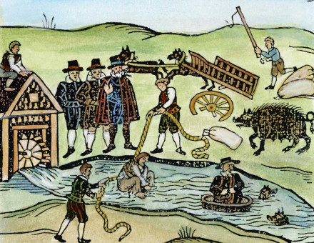 A ‘witch’ is punished by being ‘dipped’ in the mill-stream. Woodcut, English, 17th century.