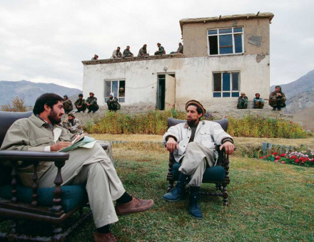 Ahmad Massoud (right) with adviser Abdullah Abdullah at his HQ, Charikar, Afghanistan, 1996.