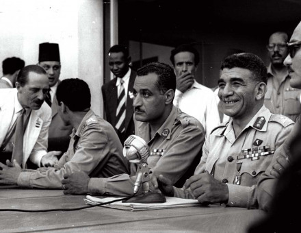 Colonel Nasser (left) and General Naguib at a press conference, 1953.