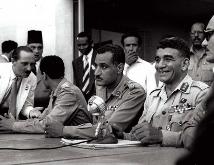 Colonel Nasser (left) and General Naguib at a press conference, 1953.