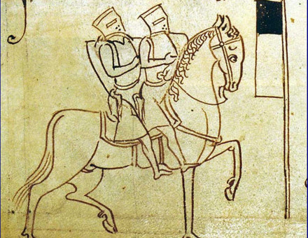  Drawing of two knights on a horse, the emblem of the Knights Templar, from the Chronica Majora of Matthew Paris.