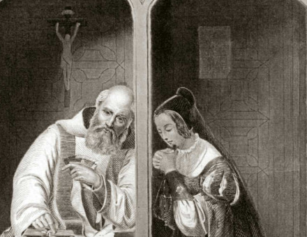 ‘The Confession’ by Stahlstich Wrankmore, steel engraving, 1847. 