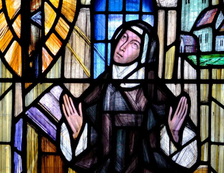 stained glass window showing Julian of Norwich, Norwich Cathedral.